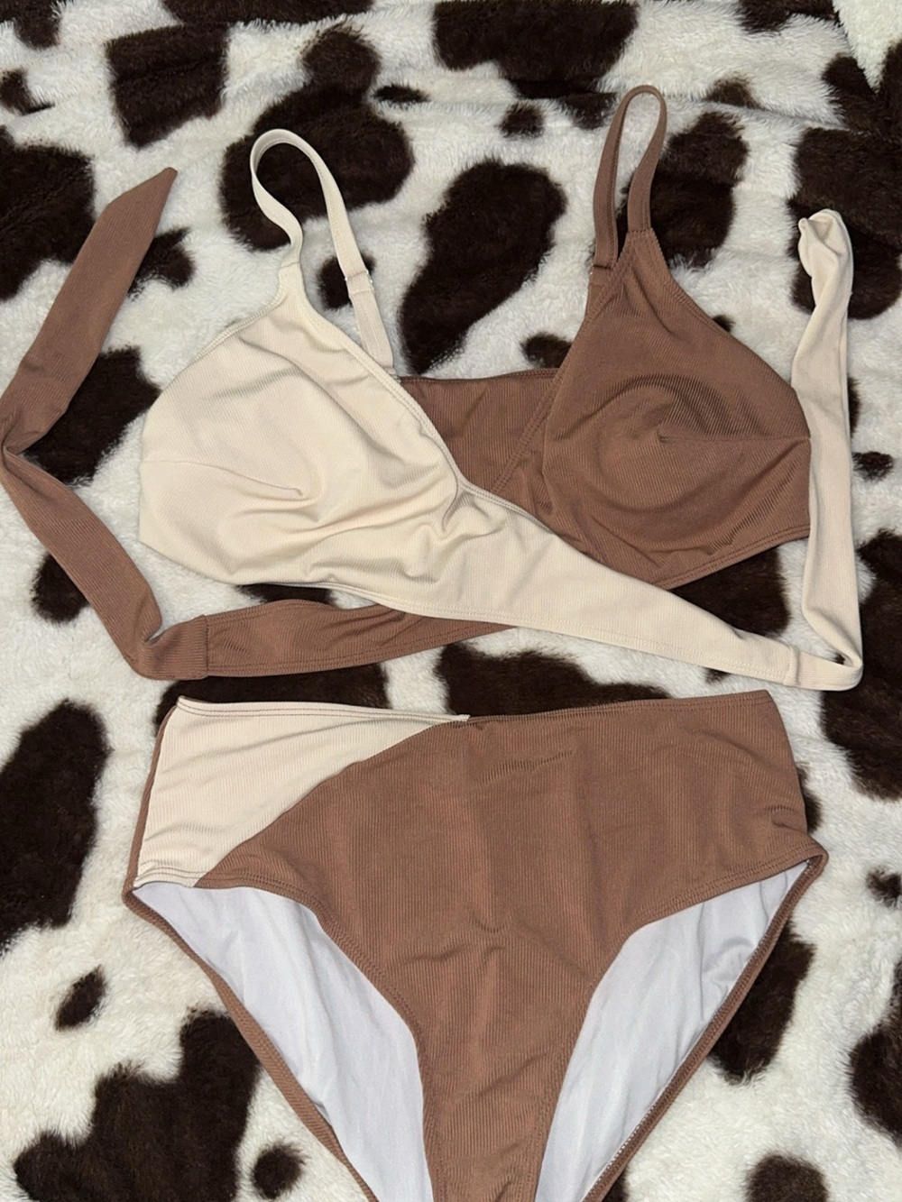 SHEIN Two-Tone Cream and Brown Ribbed Bikini Set